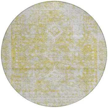 8' Gold Round Oriental Washable Indoor Outdoor Area Rug