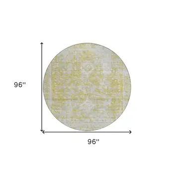 8' Gold Round Oriental Washable Indoor Outdoor Area Rug