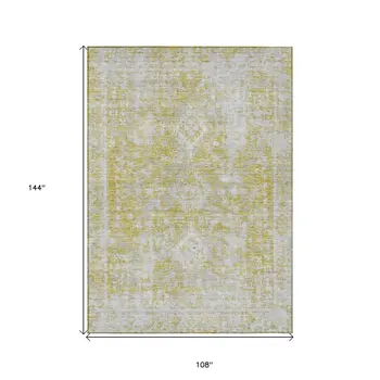 9' X 12' Gold Oriental Washable Indoor Outdoor Area Rug