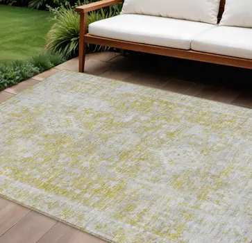 9' X 12' Gold Oriental Washable Indoor Outdoor Area Rug