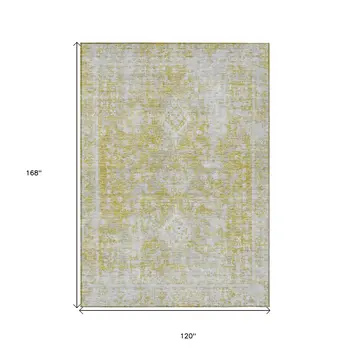 10' X 14' Gold Oriental Washable Indoor Outdoor Area Rug