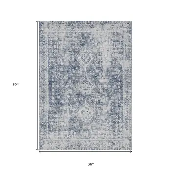 3' X 5' Navy Blue Oriental Washable Indoor Outdoor Area Rug