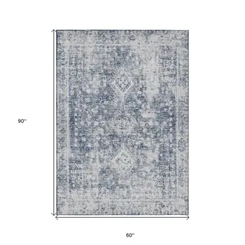 5' X 8' Navy Blue Oriental Washable Indoor Outdoor Area Rug