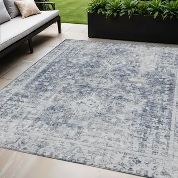 5' X 8' Navy Blue Oriental Washable Indoor Outdoor Area Rug