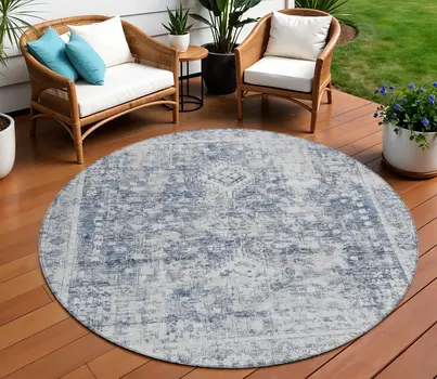 8' Navy Blue Round Oriental Washable Indoor Outdoor Area Rug
