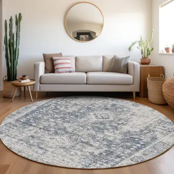 8' Navy Blue Round Oriental Washable Indoor Outdoor Area Rug