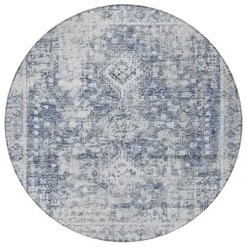 8' Navy Blue Round Oriental Washable Indoor Outdoor Area Rug