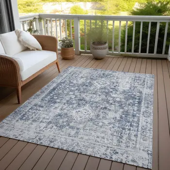 8' X 10' Navy Blue Oriental Washable Indoor Outdoor Area Rug