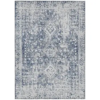 8' X 10' Navy Blue Oriental Washable Indoor Outdoor Area Rug