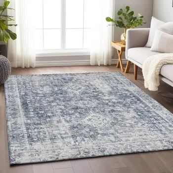 8' X 10' Navy Blue Oriental Washable Indoor Outdoor Area Rug