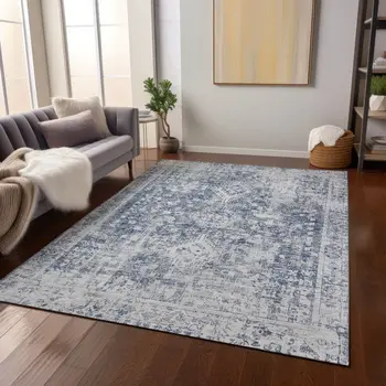 8' X 10' Navy Blue Oriental Washable Indoor Outdoor Area Rug