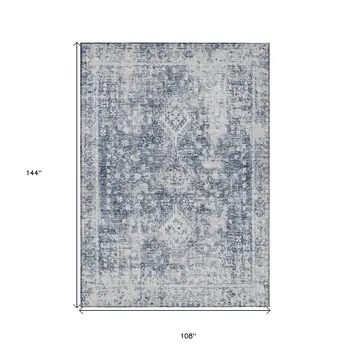 9' X 12' Navy Blue Oriental Washable Indoor Outdoor Area Rug