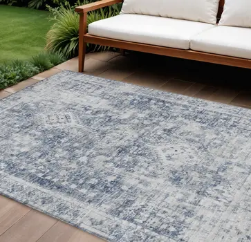 9' X 12' Navy Blue Oriental Washable Indoor Outdoor Area Rug