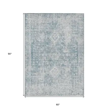 5' X 8' Sky Blue Oriental Washable Indoor Outdoor Area Rug