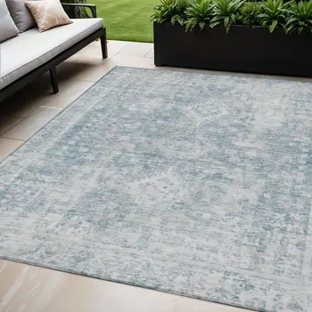 5' X 8' Sky Blue Oriental Washable Indoor Outdoor Area Rug