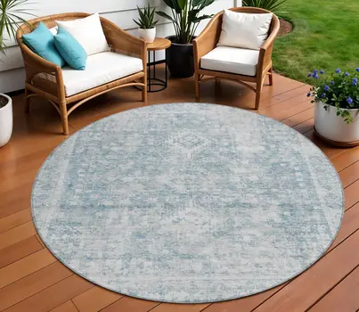 8' Sky Blue Round Oriental Washable Indoor Outdoor Area Rug
