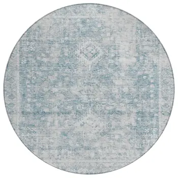 8' Sky Blue Round Oriental Washable Indoor Outdoor Area Rug