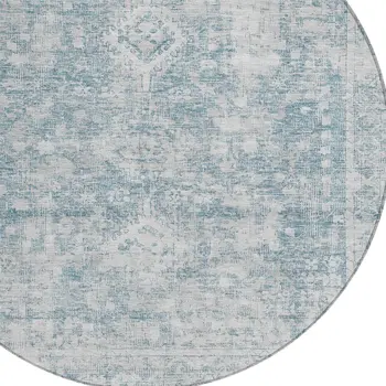 8' Sky Blue Round Oriental Washable Indoor Outdoor Area Rug
