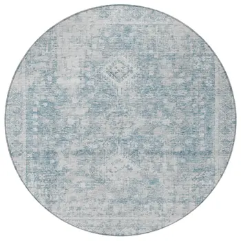 8' Sky Blue Round Oriental Washable Indoor Outdoor Area Rug