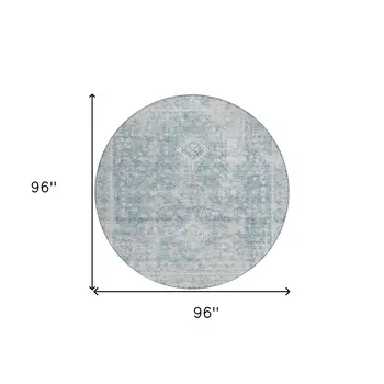 8' Sky Blue Round Oriental Washable Indoor Outdoor Area Rug