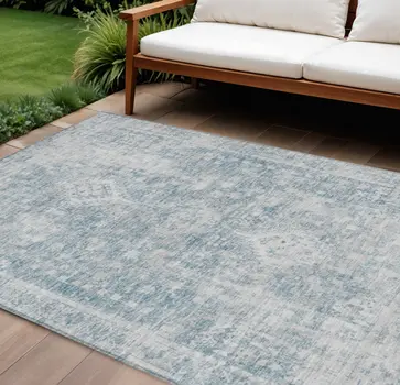 9' X 12' Sky Blue Oriental Washable Indoor Outdoor Area Rug