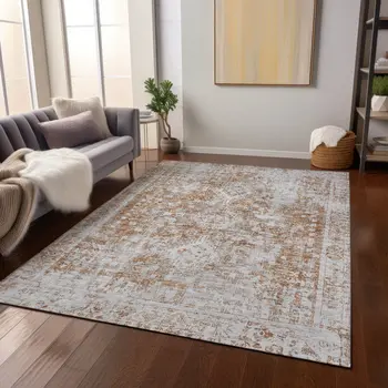 10' X 14' Terra Cotta Oriental Washable Indoor Outdoor Area Rug