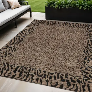 5' X 8' Brown Animal Print Washable Indoor Outdoor Area Rug
