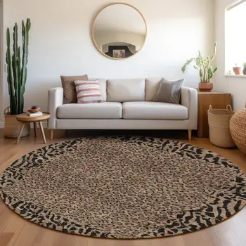 8' Brown Round Animal Print Washable Indoor Outdoor Area Rug