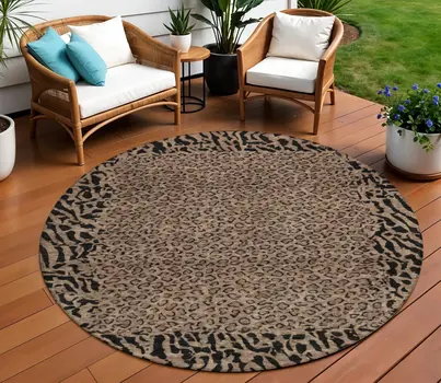 8' Brown Round Animal Print Washable Indoor Outdoor Area Rug