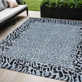 5' X 8' Blue Animal Print Washable Indoor Outdoor Area Rug