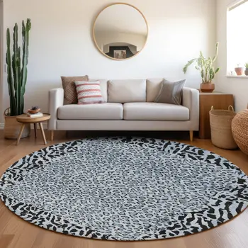 8' Blue Round Animal Print Washable Indoor Outdoor Area Rug