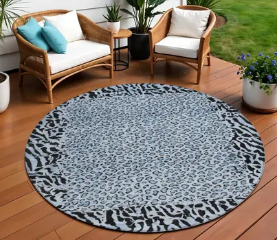8' Blue Round Animal Print Washable Indoor Outdoor Area Rug