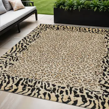 5' X 8' Gold Animal Print Washable Indoor Outdoor Area Rug