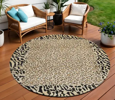 8' Gold Round Animal Print Washable Indoor Outdoor Area Rug