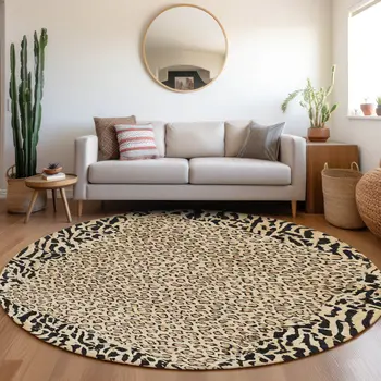 8' Gold Round Animal Print Washable Indoor Outdoor Area Rug
