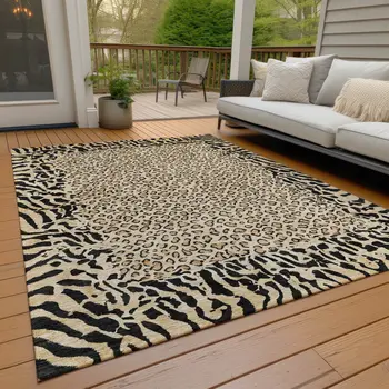 9' X 12' Gold Animal Print Washable Indoor Outdoor Area Rug