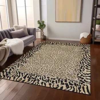10' X 14' Gold Animal Print Washable Indoor Outdoor Area Rug