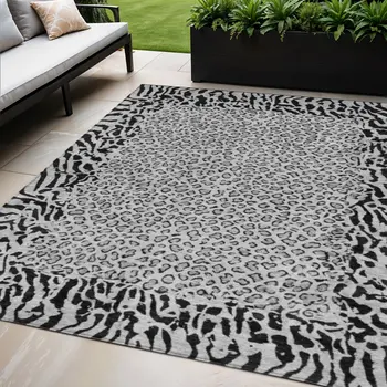 5' X 8' Gray Animal Print Washable Indoor Outdoor Area Rug