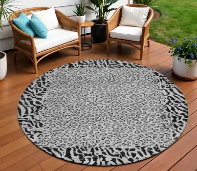 8' Gray Round Animal Print Washable Indoor Outdoor Area Rug
