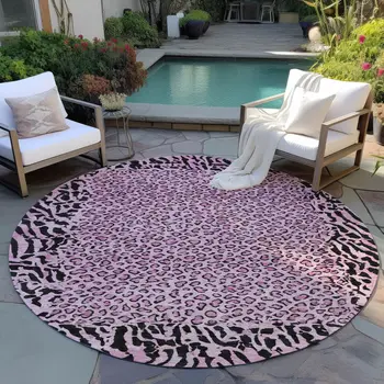 8' Pink Round Animal Print Washable Indoor Outdoor Area Rug