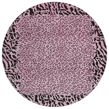 8' Pink Round Animal Print Washable Indoor Outdoor Area Rug