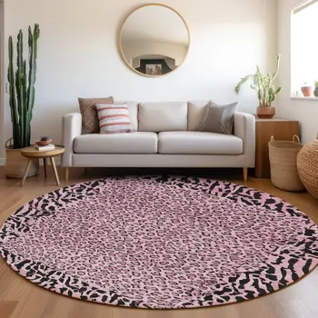 8' Pink Round Animal Print Washable Indoor Outdoor Area Rug