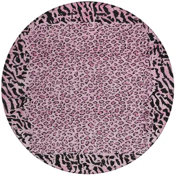 8' Pink Round Animal Print Washable Indoor Outdoor Area Rug