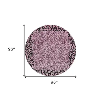 8' Pink Round Animal Print Washable Indoor Outdoor Area Rug