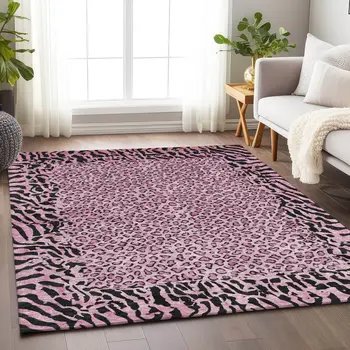 10' X 14' Pink Animal Print Washable Indoor Outdoor Area Rug