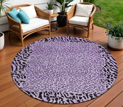 8' Purple Round Animal Print Washable Indoor Outdoor Area Rug