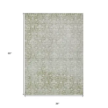 3' X 5' Artichoke Green Damask Washable Indoor Outdoor Area Rug