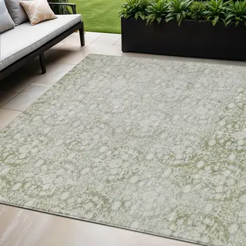 5' X 8' Artichoke Green Damask Washable Indoor Outdoor Area Rug