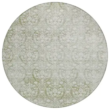 8' Artichoke Green Round Damask Washable Indoor Outdoor Area Rug