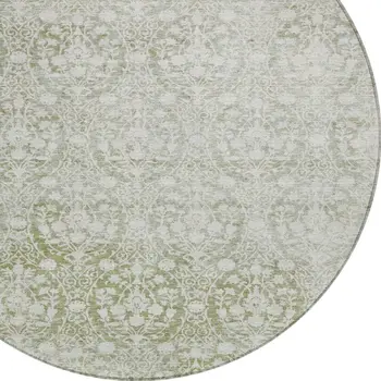 8' Artichoke Green Round Damask Washable Indoor Outdoor Area Rug